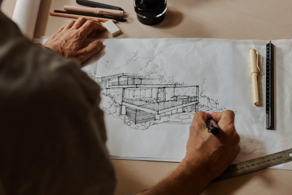 Architectural drawing on trace paper.