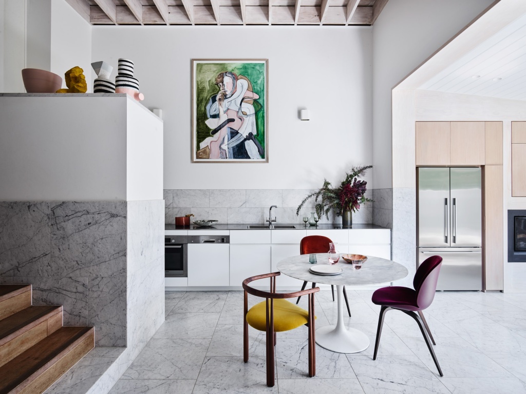 Bondi Junction House Kitchen Table and Sink with Stairs.