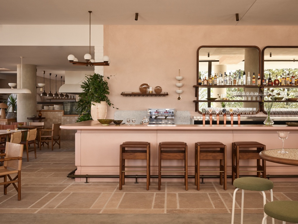 Blush pink cast concrete bar at Haven, Mondrian Gold Coast.