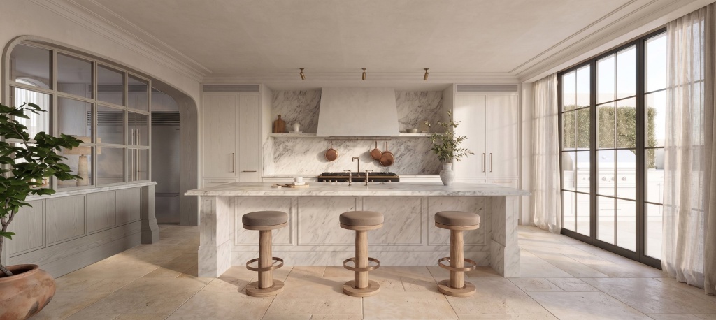 Kitchen with butlers pantry and grey-veined marble island.