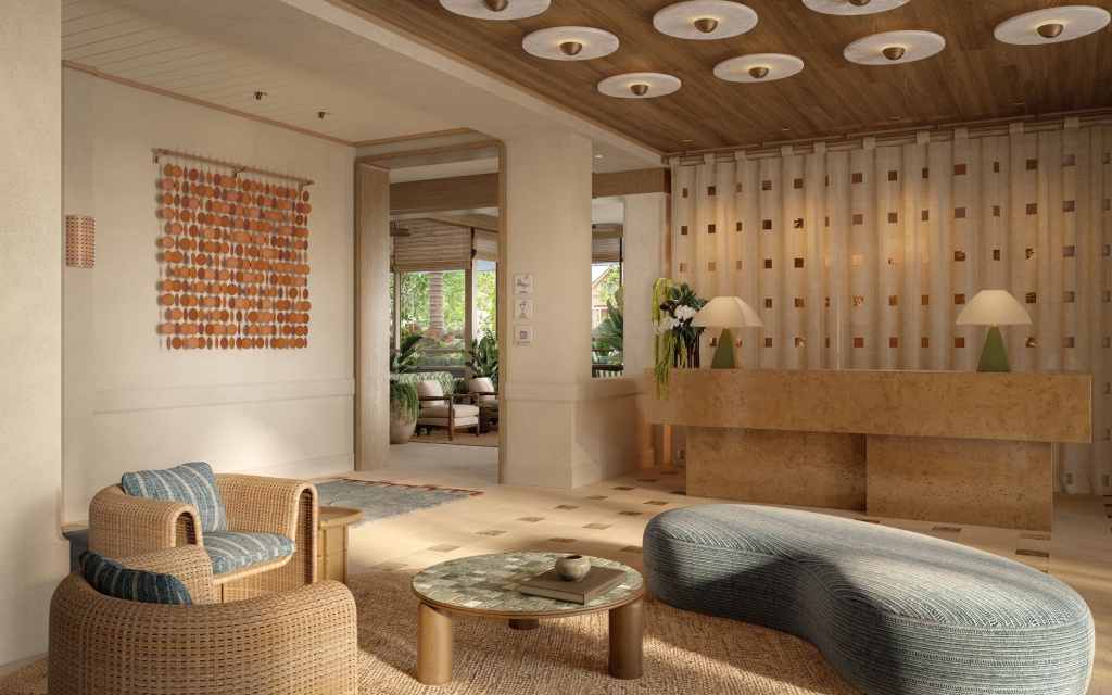 Visualisation of the lobby and front desk at the Kirra Point boutique hotel.