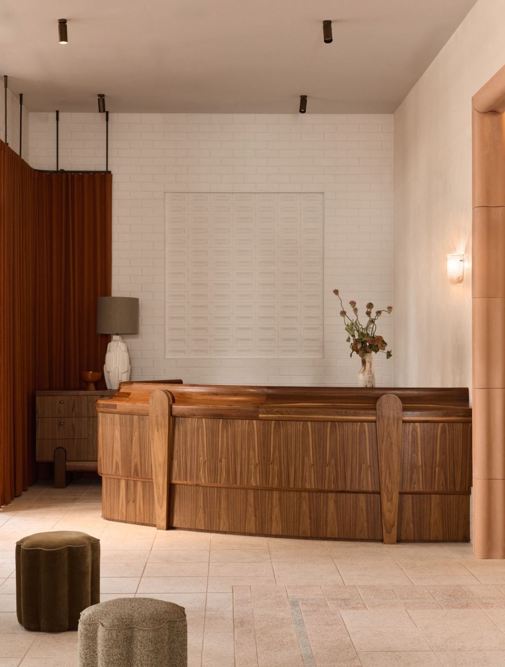 Mondrian Gold Coast solid walnut reception desk.