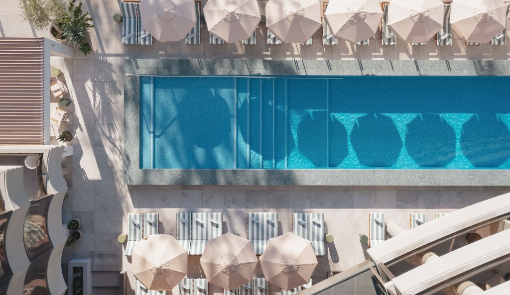 Overhead view of the pool at Haven, Mondrian Gold Coast.