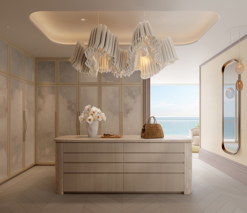 Casilia Penthouse walk in robe with fabric pendant light.