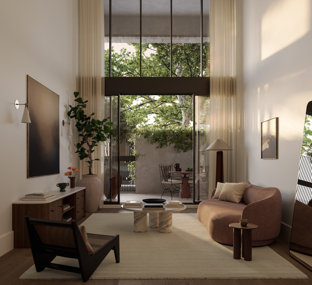 Visualisation of a ground floor apartment living area with double heigh ceiling.
