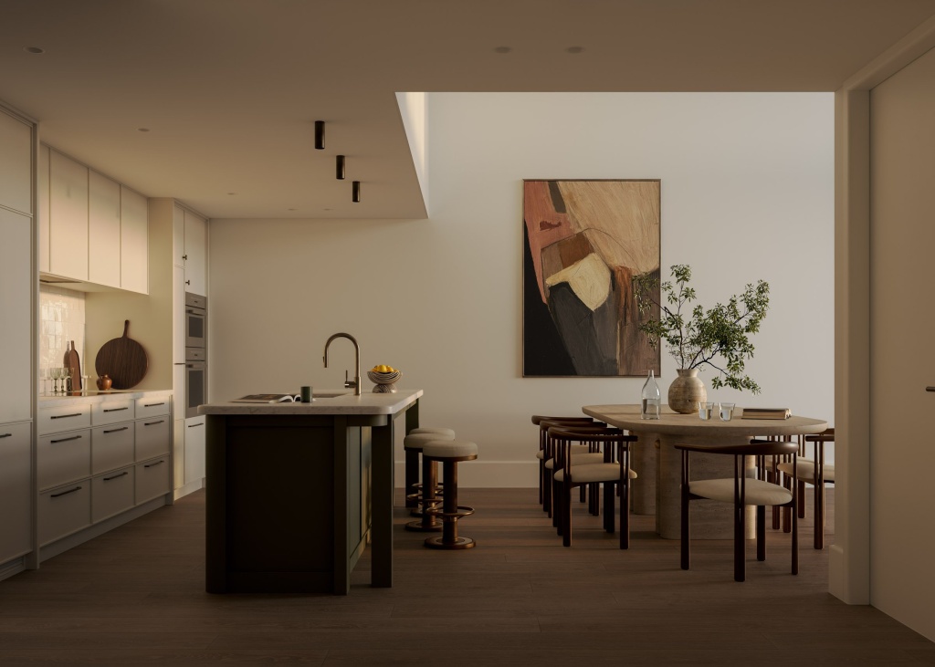 A visualisation of the kitchen and dining space with a void space.