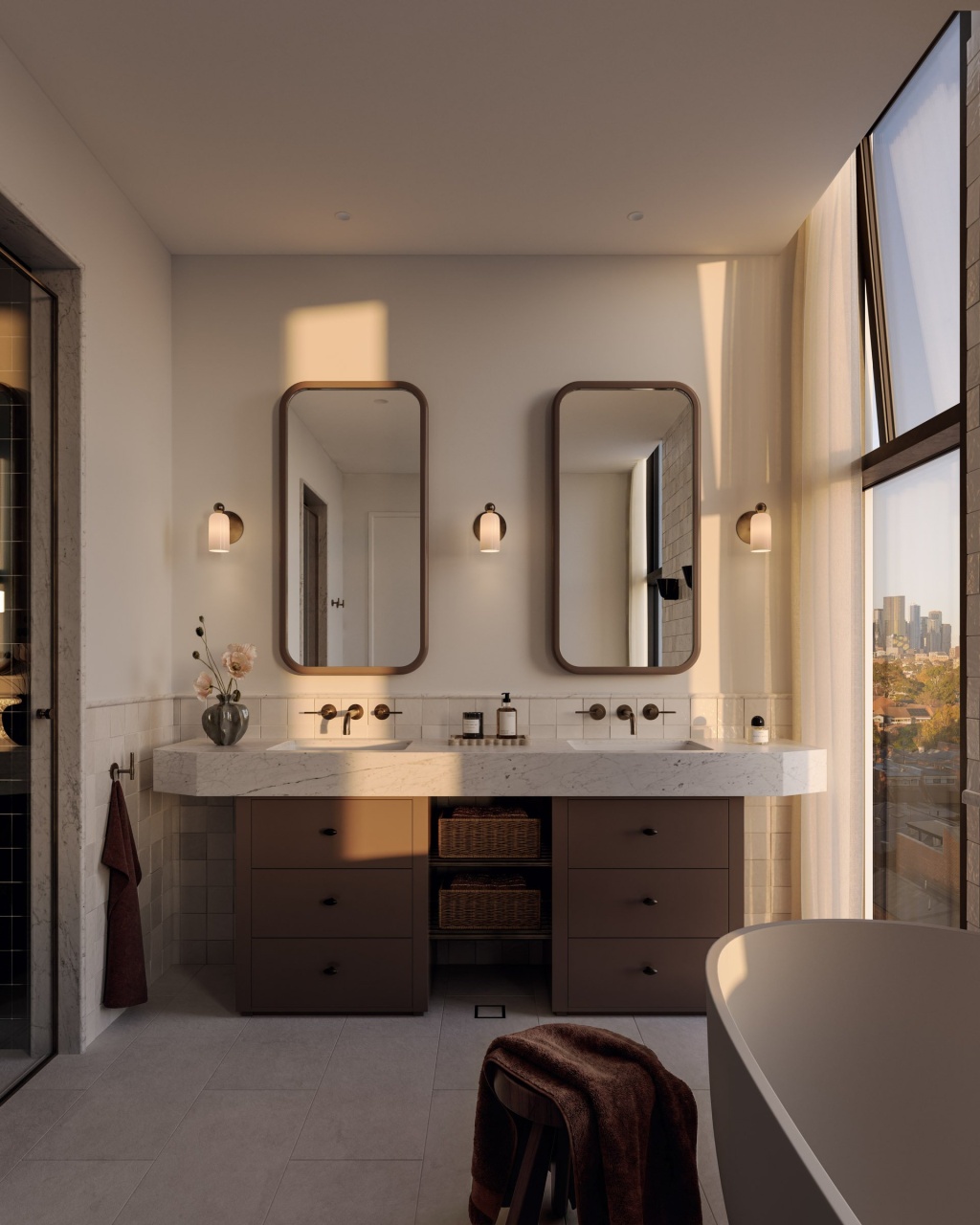 Visualisation of a double vanity bathroom with floor to ceiling windows.