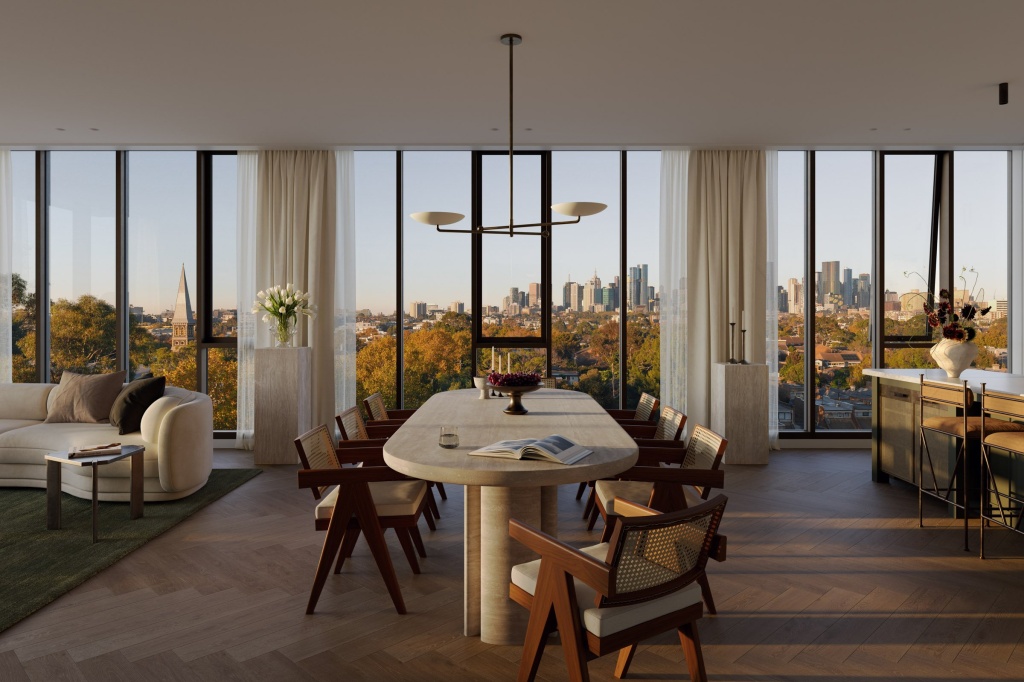 Visualisation of rs301 Penthouse dining table and city view.