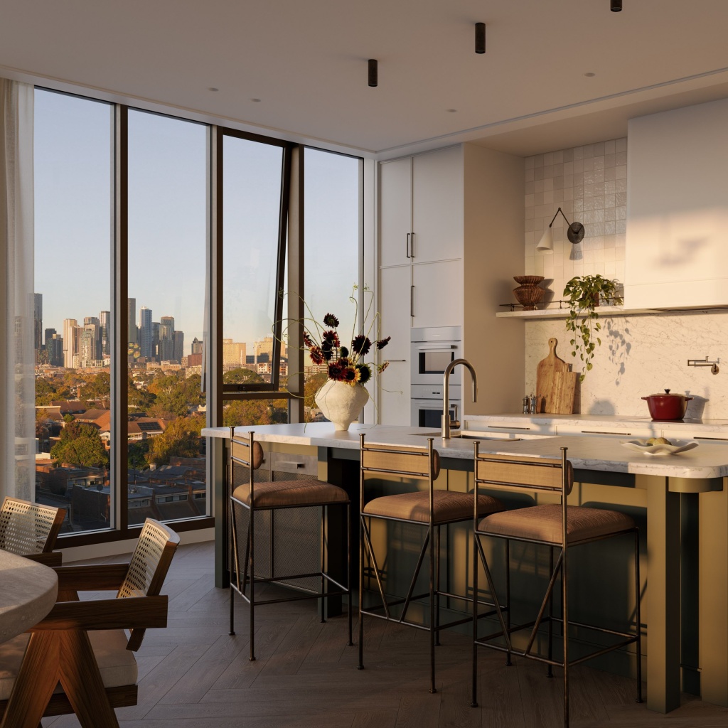 Visualisation of the rs301 penthouse kitchen with a city view.