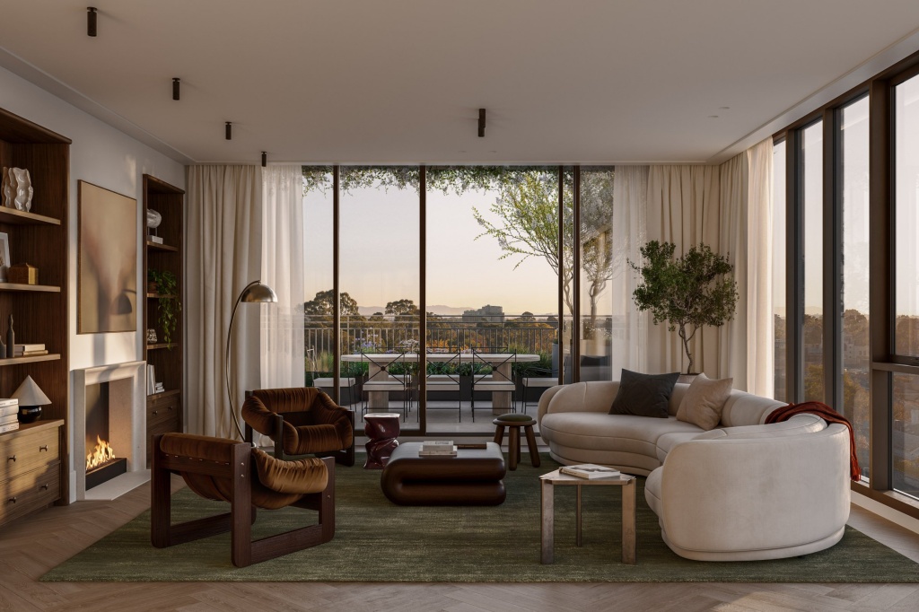 Visualisation of a living space with a fireplace and outdoor terrace.
