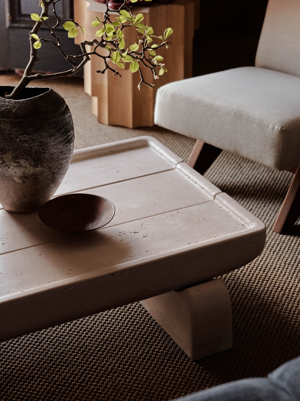 Detail of a concrete coffee table in The A&CO. Workshop.